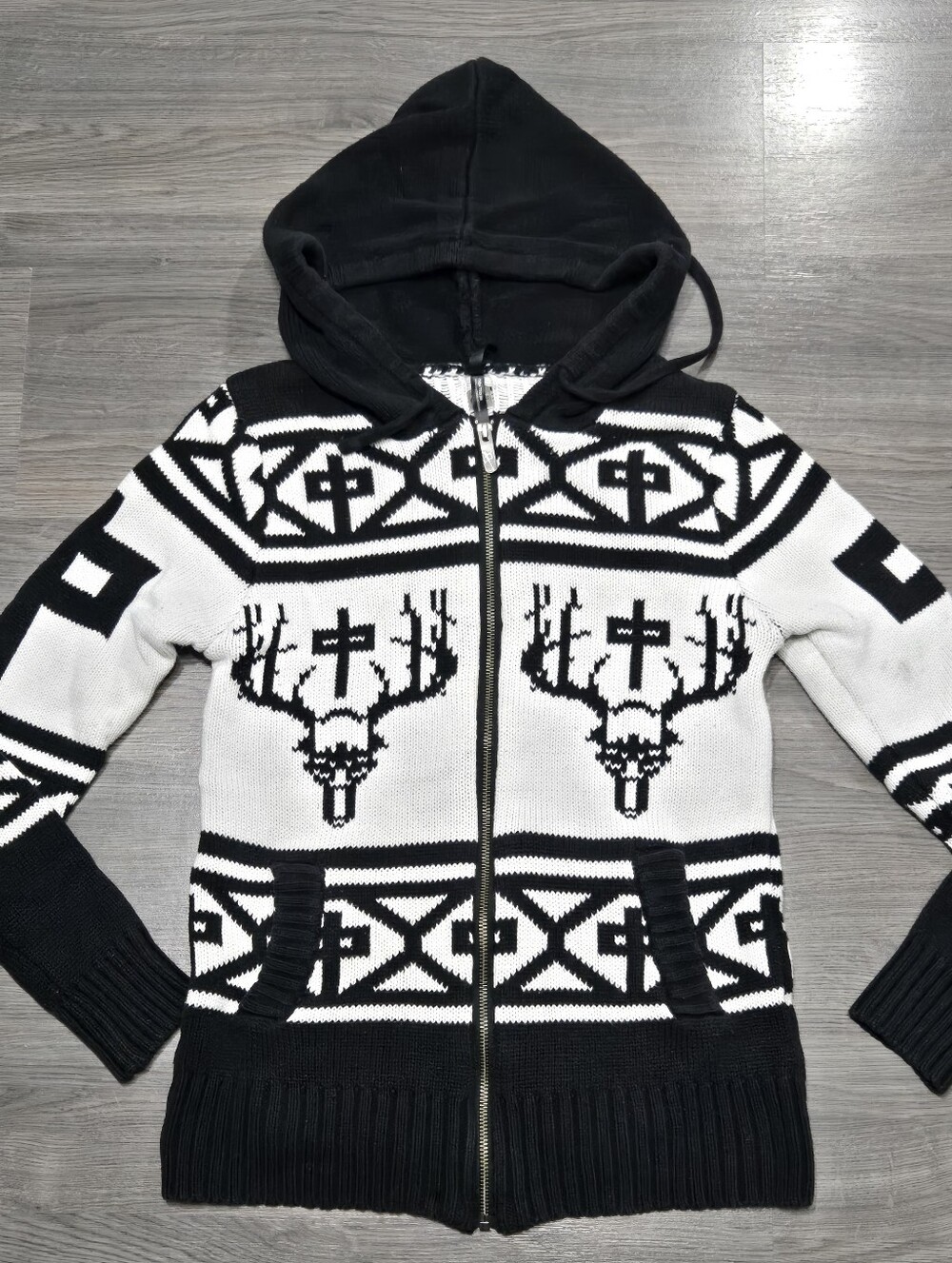 Black & White Hooded Zip Sweater with Deer Motif Womens Small